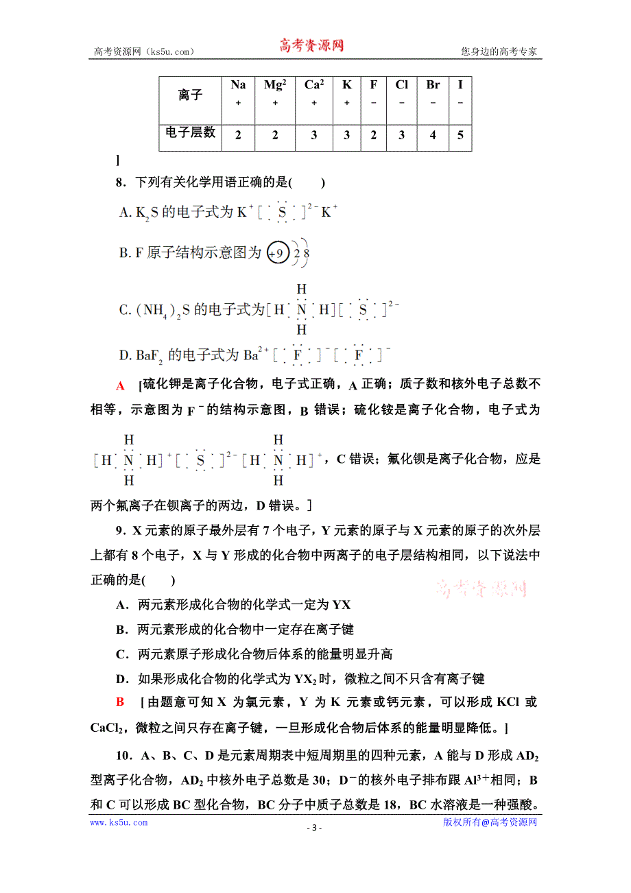 2020-2021学年化学新教材苏教版必修第一册课时分层作业：专题5 第2单元 第1课时 离子键 WORD版含解析.doc_第3页