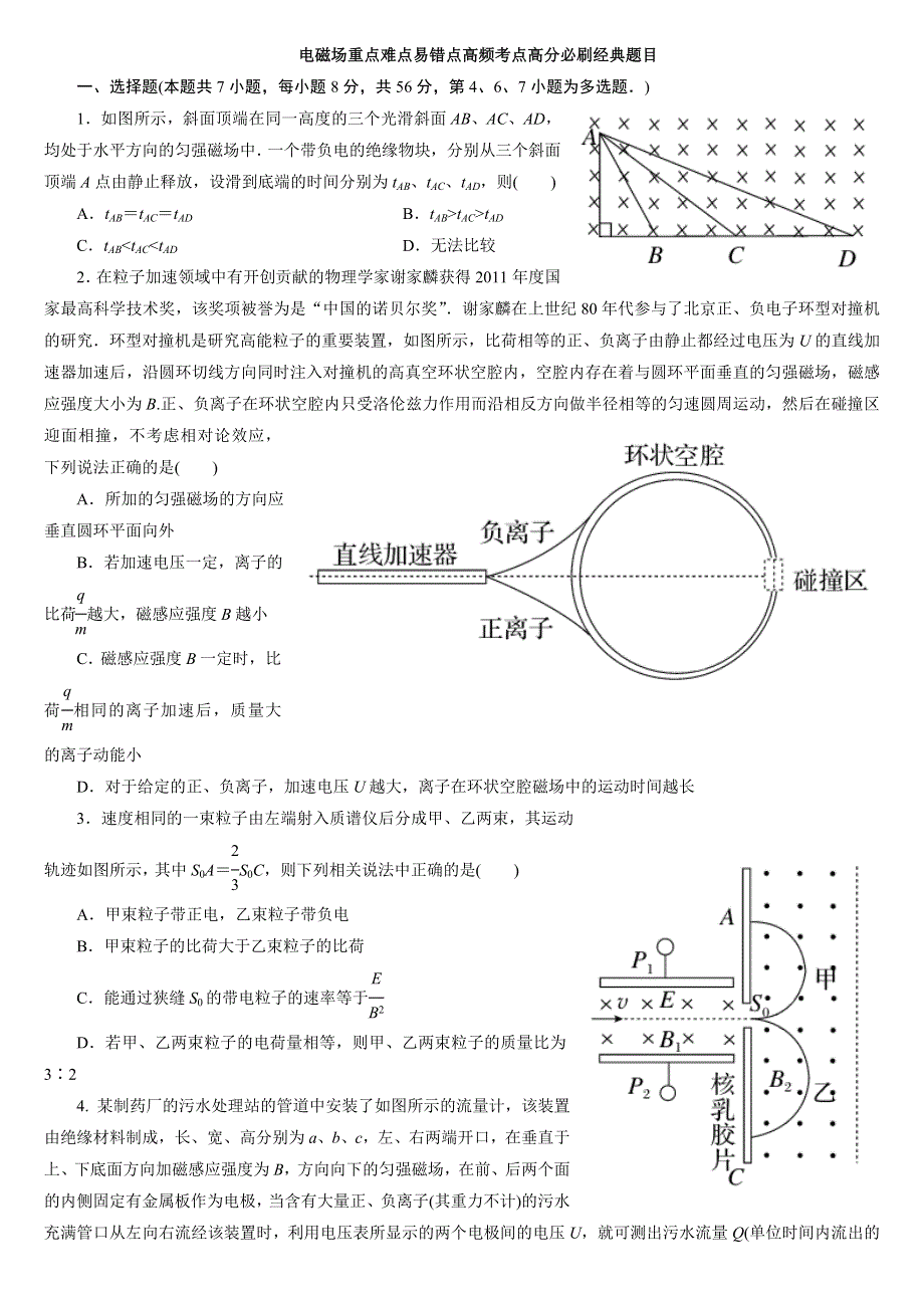 《发布》2022-2023年人教版（2019）高中物理选择性必修2 第1章安培力与洛伦兹力 电磁场重点难点易错点高频考点高分必刷经典题目 WORD版.doc_第1页