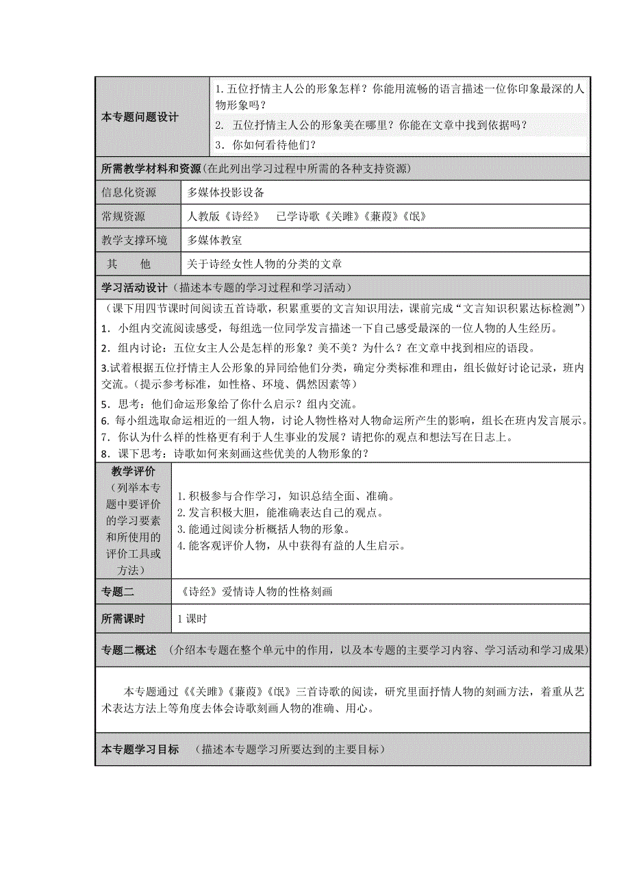 山东省临沂市第十八中学高二语文主题单元设计：《诗经》爱情诗中的抒情人物.doc_第3页