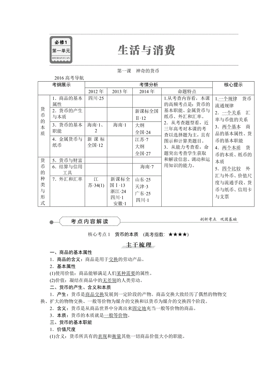 《优化方案》2016届高三政治大一轮复习 必修1第1单元第1课神奇的货币 教学讲义 .doc_第1页