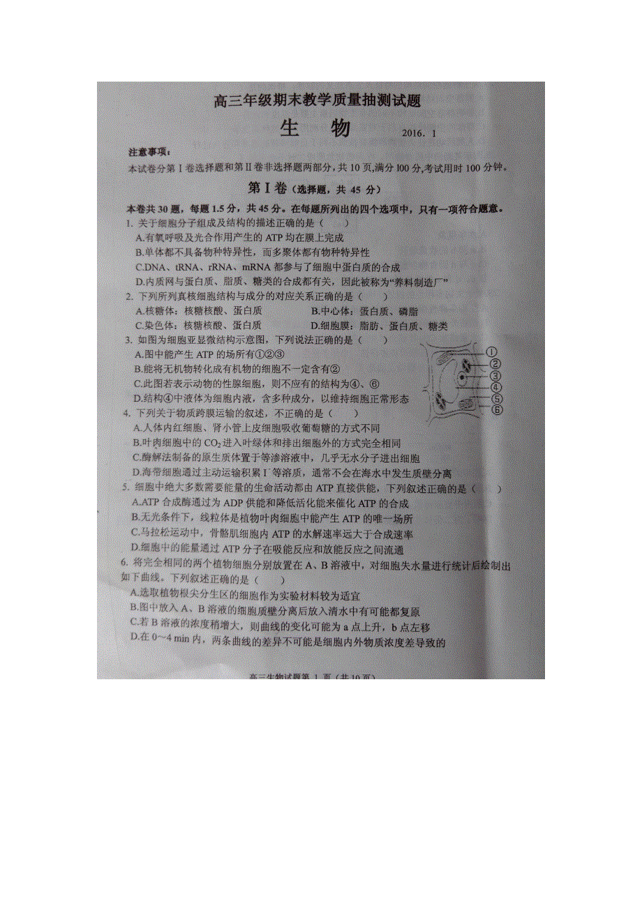 山东省临沭县2016届高三上学期期末教学质量抽测生物试题 扫描版无答案.doc_第1页