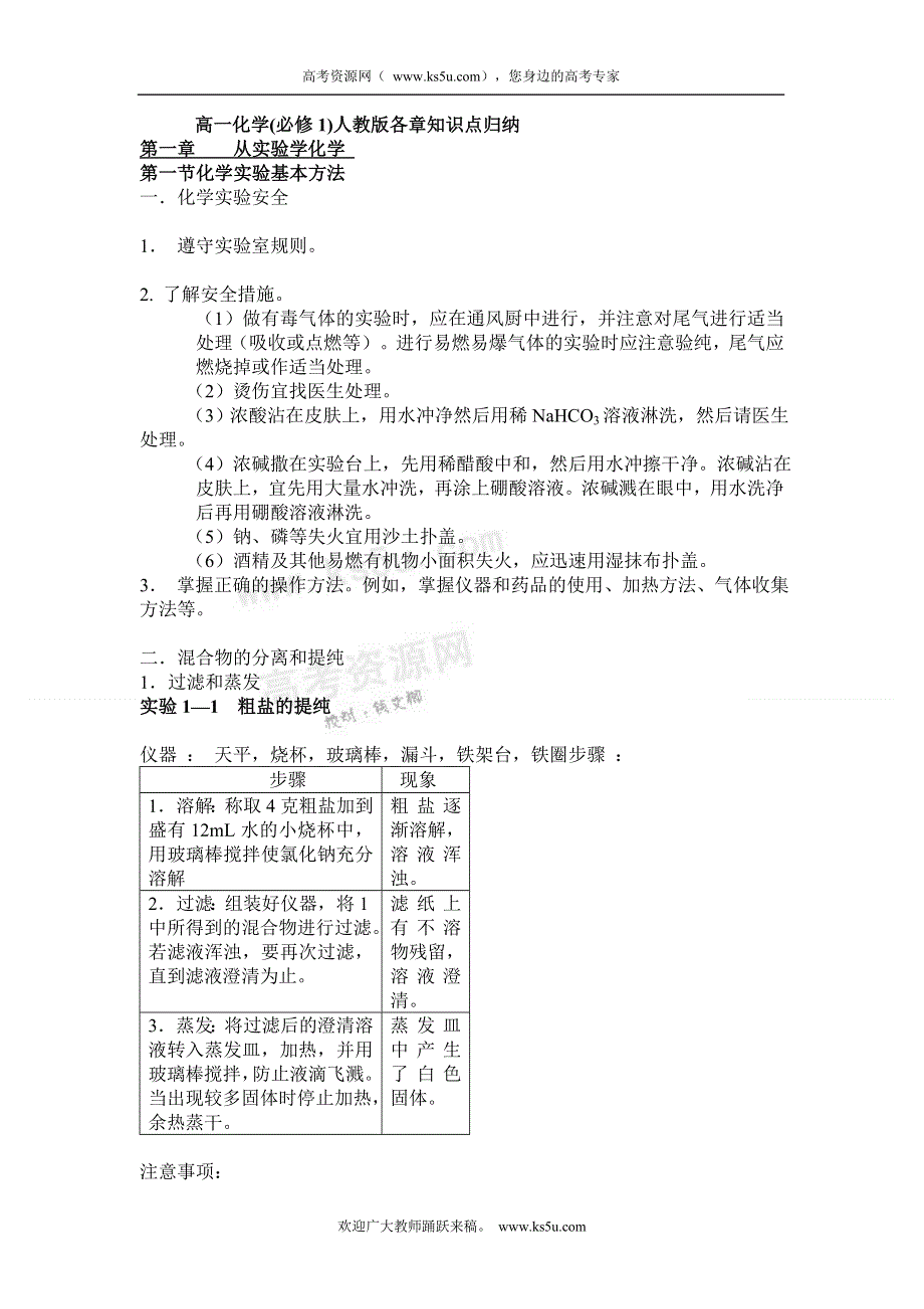 人教版化学学业水平测试复习经典资料（必修1+必修2+选修4理科专用）.doc_第1页