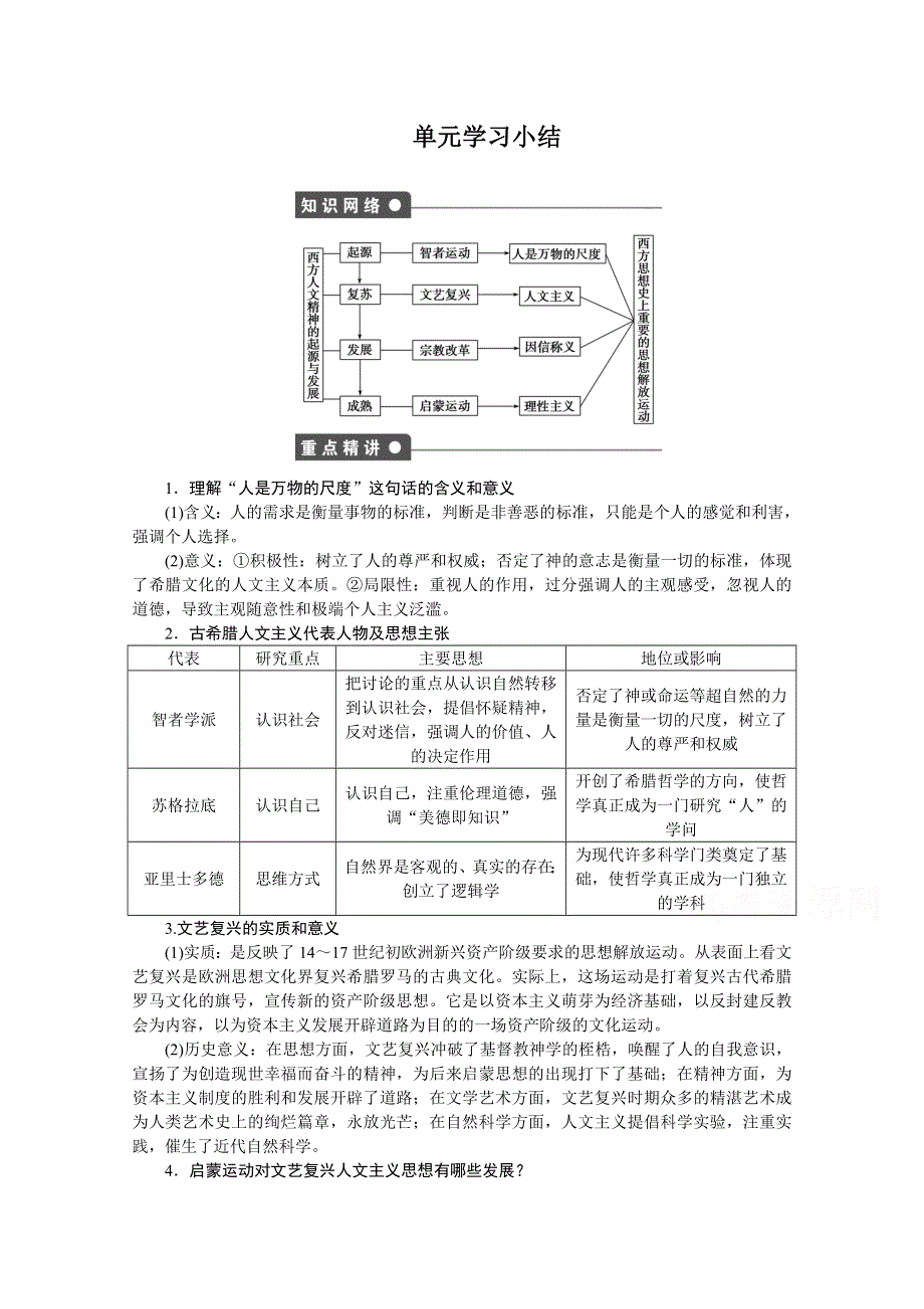 2016-2017学年高中历史（人教版必修三）课时作业：第二单元 西方人文精神的起源及其发展 单元学习小结 WORD版含答案.doc_第1页