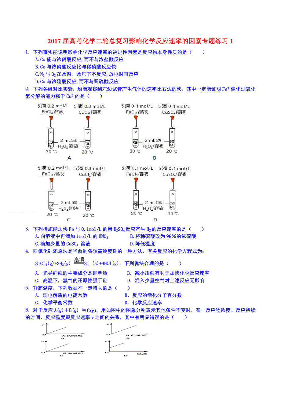 《整合》化学《优选资源》2017届高考化学二轮总复习影响化学反应速率的因素专题练习1 WORD版含解析.docx_第1页