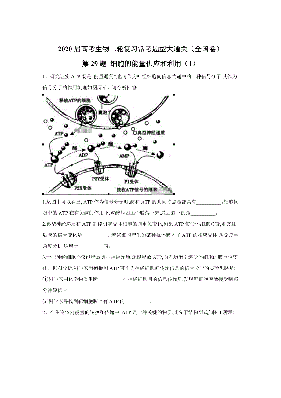 2020届高考生物二轮复习常考题型大通关（全国卷）：第29题 细胞的能量供应和利用（1） WORD版含答案.doc_第1页
