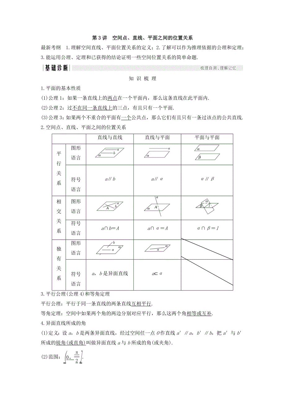 2018年高考数学（浙江专用）总复习教师用书：第八章 立体几何与空间向量 第3讲 空间点、直线、平面之间的位置关系 WORD版含答案.doc_第1页