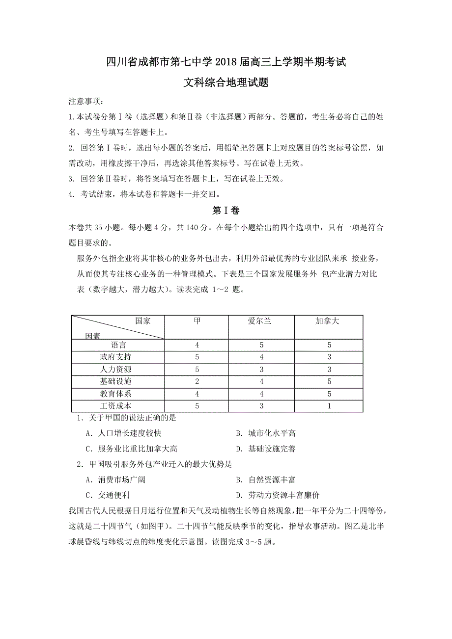 四川省成都市第七中学2018届高三上学期半期考试文综地理试题 WORD版含答案.doc_第1页