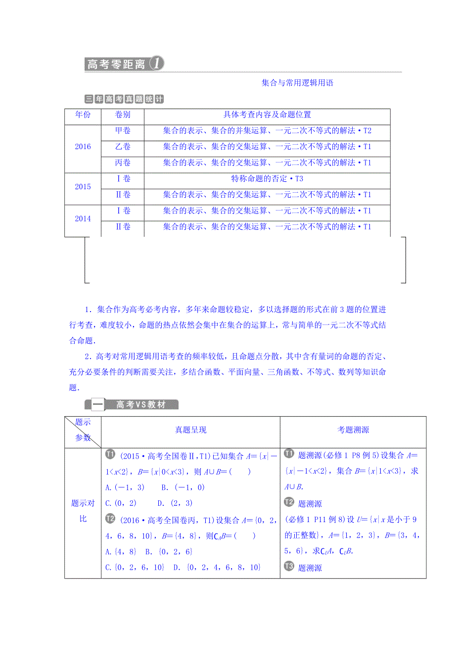 2018年高考数学（理）一轮复习文档 第一章　集合与常用逻辑用语 高考零距离1　集合与常用逻辑用语 WORD版含答案.doc_第1页