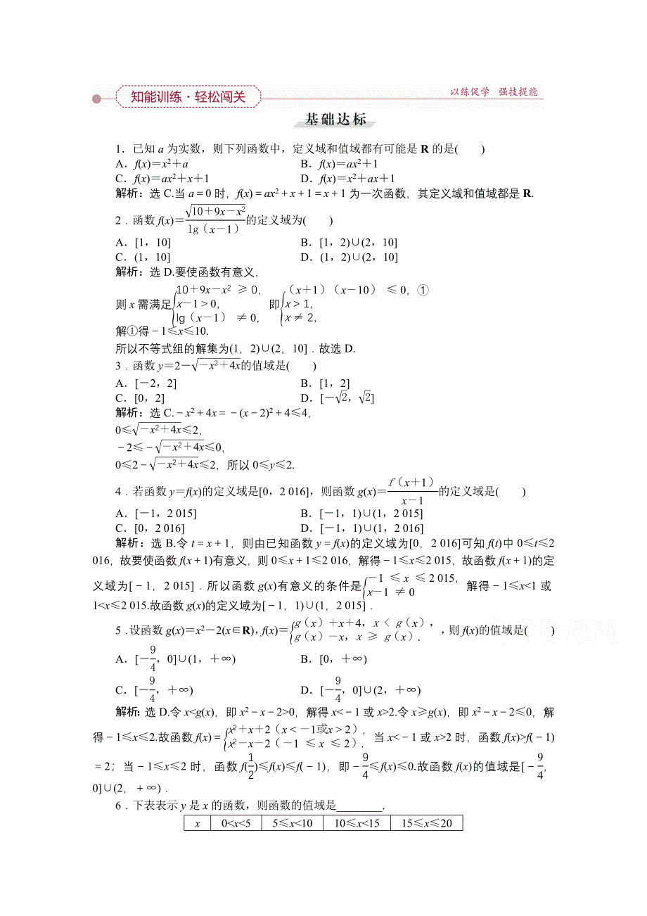 《优化方案》2016高考总复习（人教A版）高中数学 第二章 基本初等函数、导数及其应用 第2讲 函数的定义域和值域 知能训练轻松闯关.doc_第1页