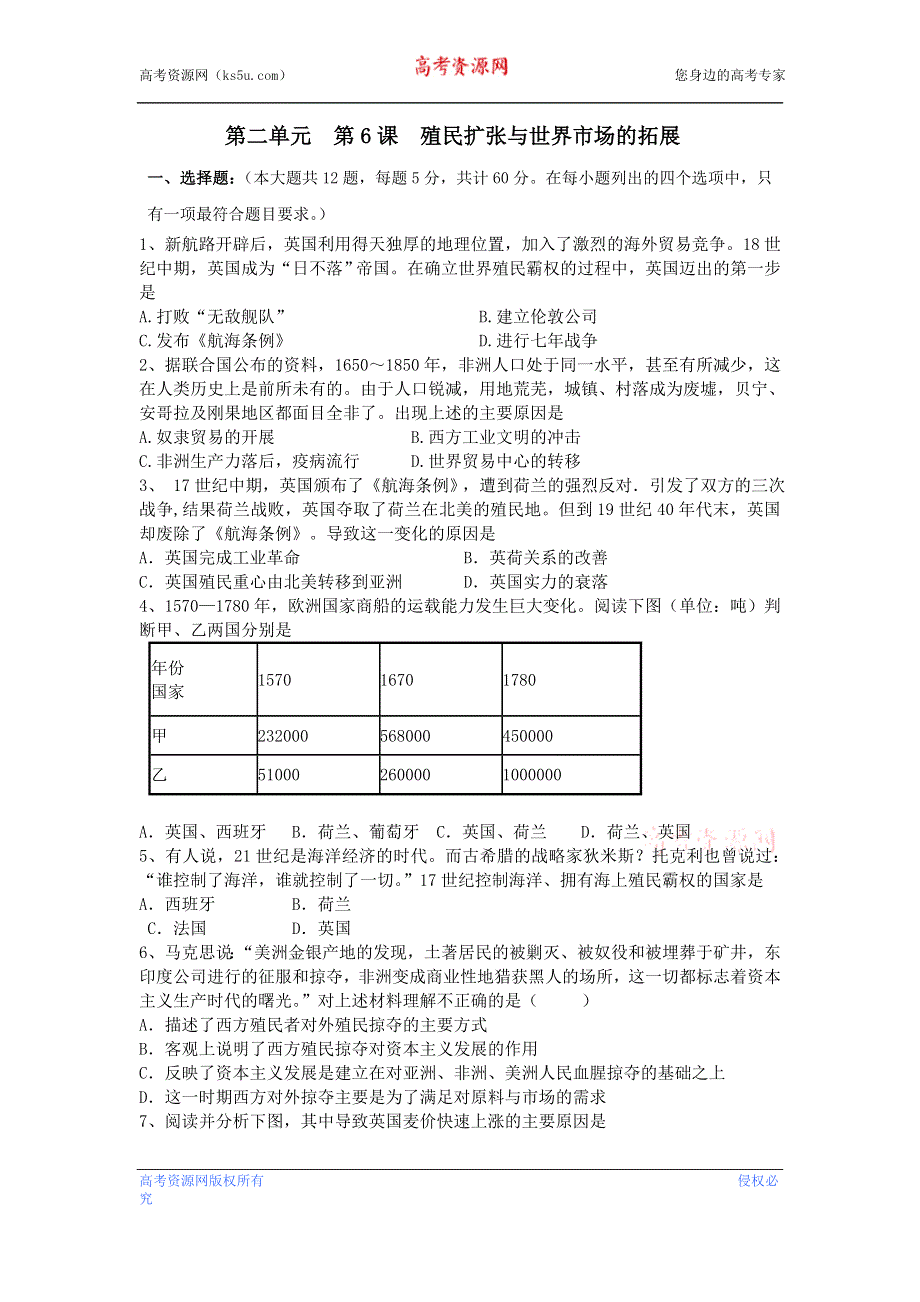 人教版历史必修二课时训练：第6课 殖民扩张与世界市场的拓展 .doc_第1页