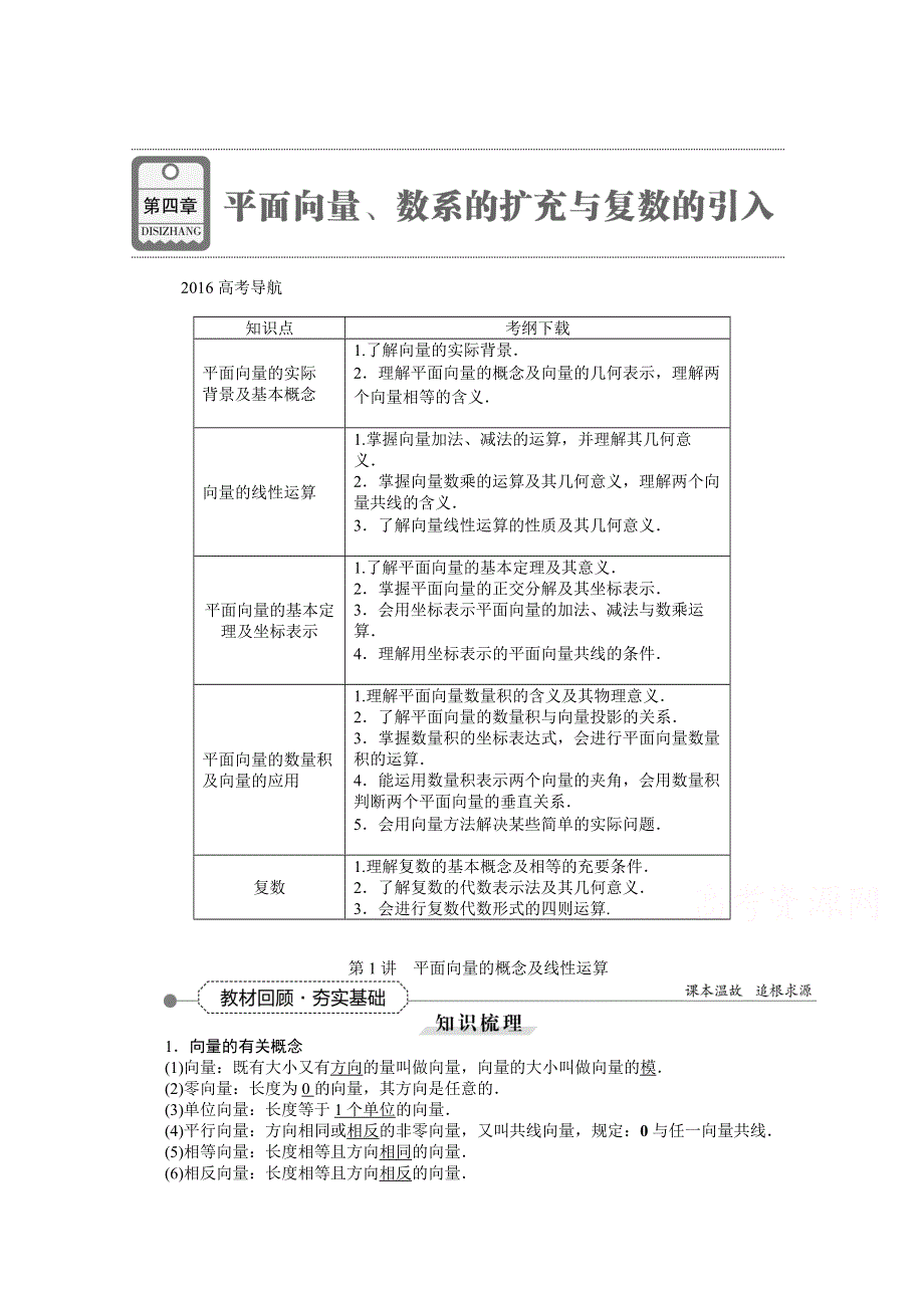 《优化方案》2016高考总复习（人教A版）高中数学 第四章 平面向量、数系的扩充与复数的引入 第1讲 平面向量的概念及线性运算.doc_第1页