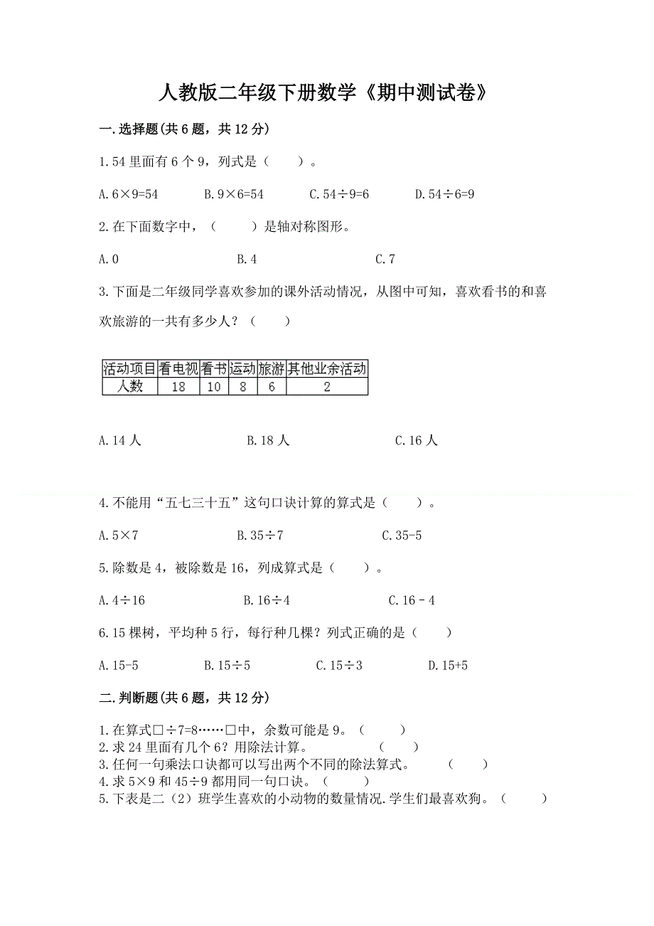 人教版二年级下册数学《期中测试卷》【考点提分】.docx_第1页