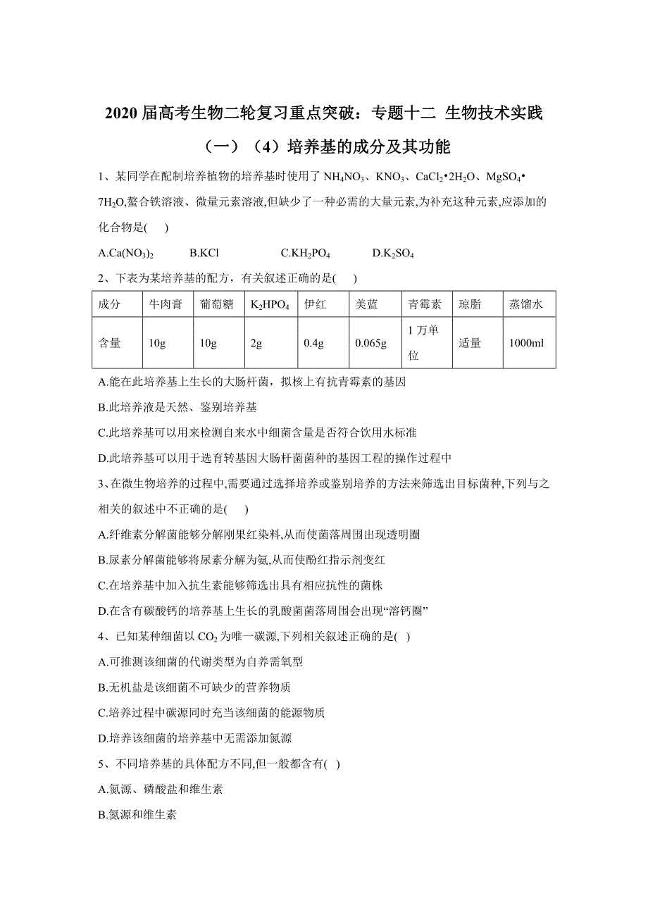 2020届高考生物二轮复习重点突破：专题十二 生物技术实践（一）（4）培养基的成分及其功能 WORD版含答案.doc_第1页