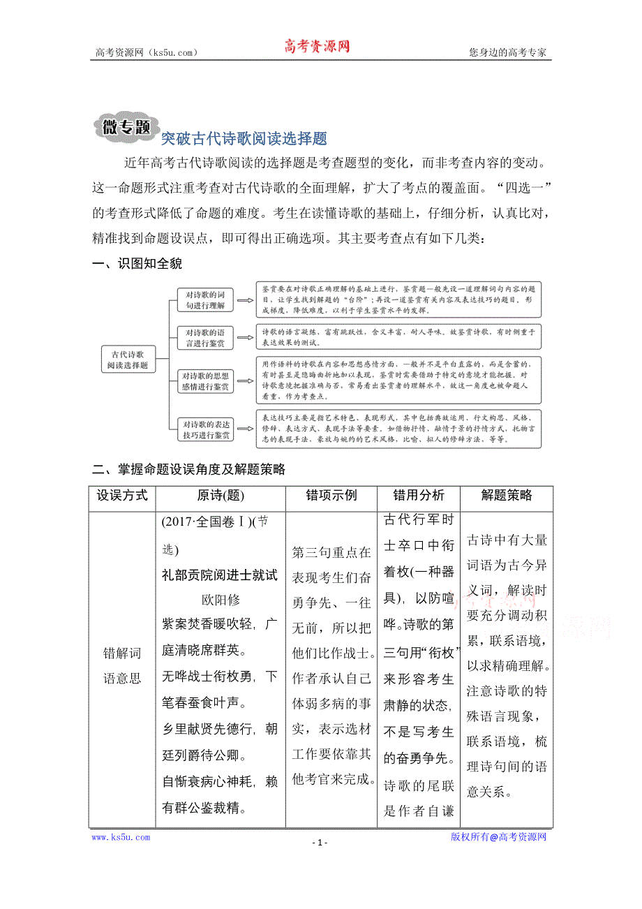 2021届江苏省高考语文一轮总复习教学案：诗歌阅读 微专题 突破古代诗歌阅读选择题 WORD版含解析.doc_第1页