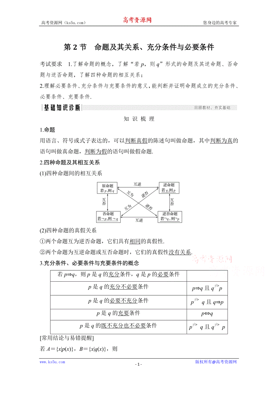 2021届浙江省高考数学一轮学案：第一章第2节　命题及其关系、充分条件与必要条件 WORD版含解析.doc_第1页