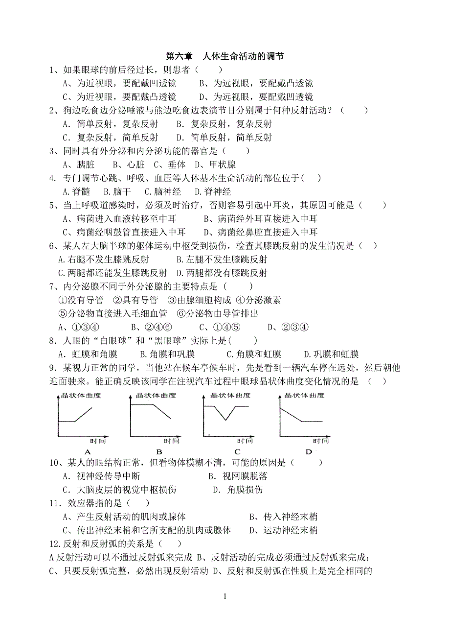 人教版初一生物下册：第六章《人体生命活动的调节》章末检测.docx_第1页