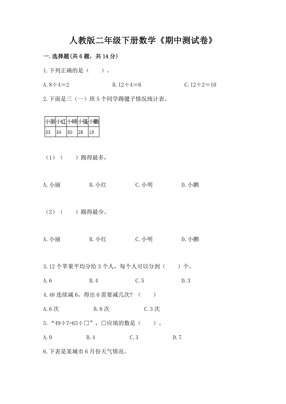 人教版二年级下册数学《期中测试卷》及完整答案（考点梳理）.docx_第1页