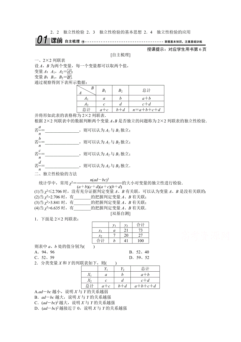 2020-2021学年北师大版数学选修1-2学案：1-2．2　独立性检验 1-2．3　独立性检验的基本思想 1-2．4　独立性检验的应用 WORD版含解析.doc_第1页