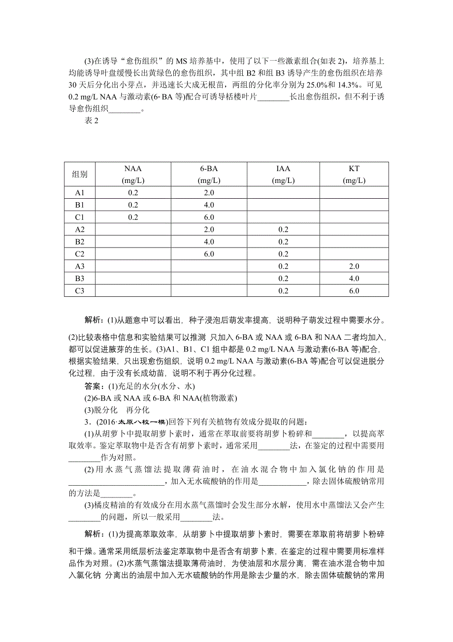 《优化方案》2017届高三生物一轮：植物的组织培养及植物有效成分的提取 达标检测 WORD版含答案.doc_第2页