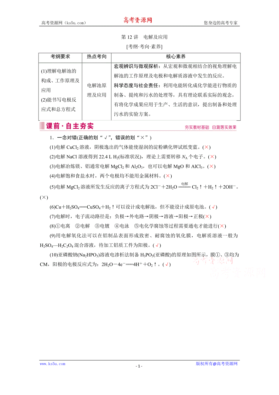 2020届高考艺考生化学复习教师用书：专题三第12讲 电解及应用 WORD版含解析.doc_第1页