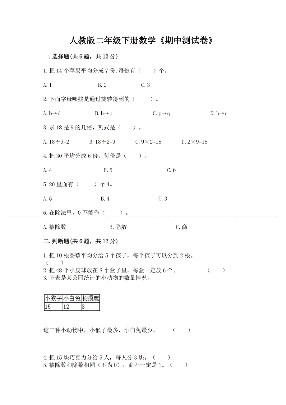 人教版二年级下册数学《期中测试卷》及答案（全国通用）.docx_第1页