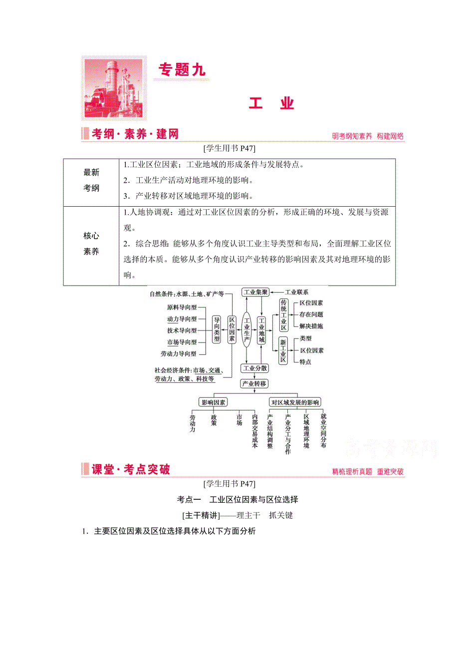 2020届高考艺考生地理复习教师用书：第一部分专题九　工业 WORD版含解析.doc_第1页