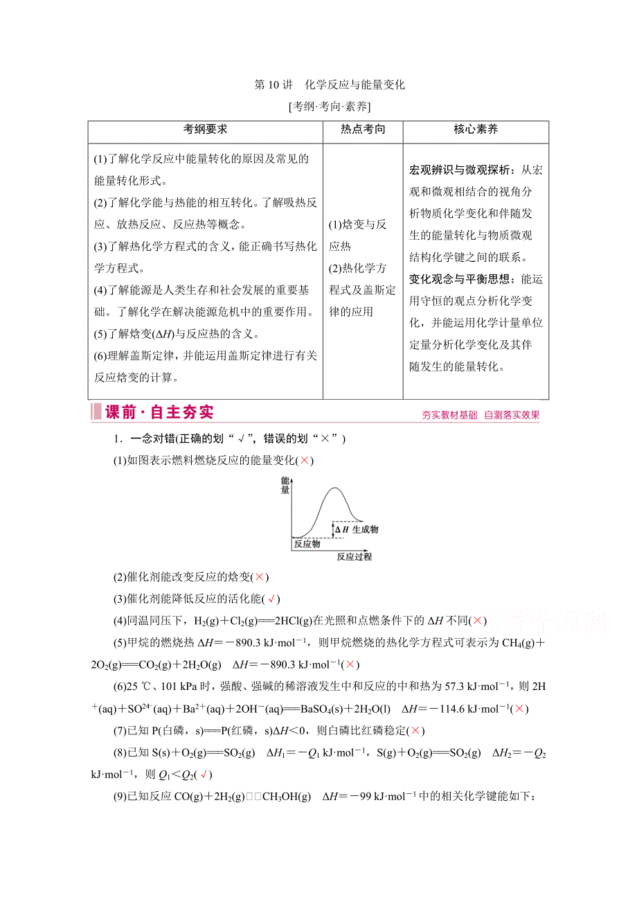 2020届高考艺考生化学复习教师用书：专题三第10讲 化学反应与能量变化 WORD版含解析.doc_第1页