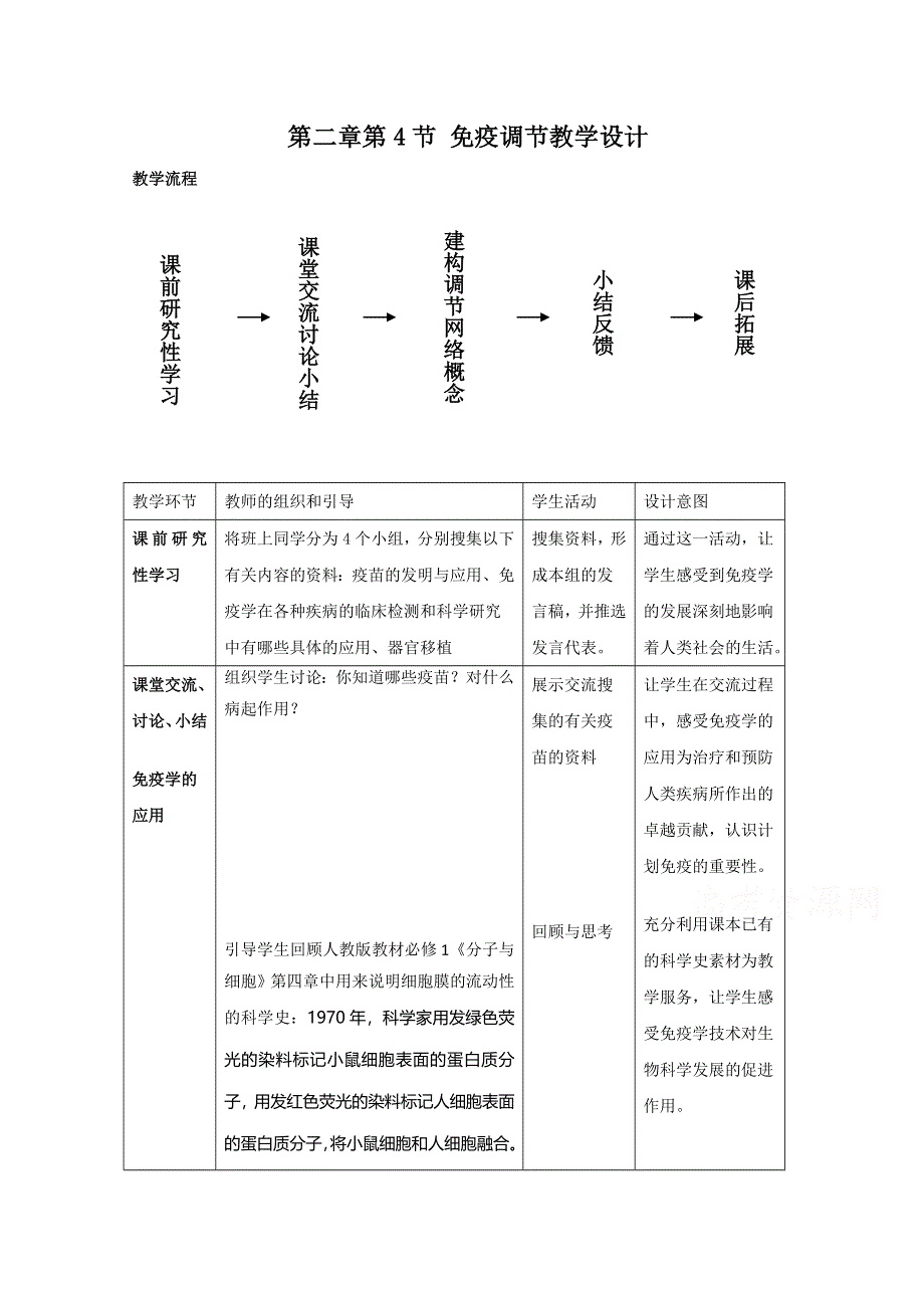 《教材分析与导入设计》2015高二生物（人教）必修3新课教学过程（1）第2章 第4节 免疫调节.doc_第1页