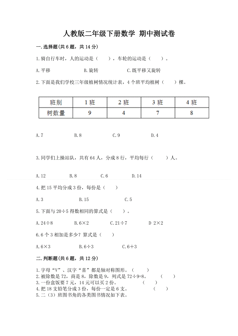 人教版二年级下册数学 期中测试卷附参考答案（研优卷）.docx_第1页