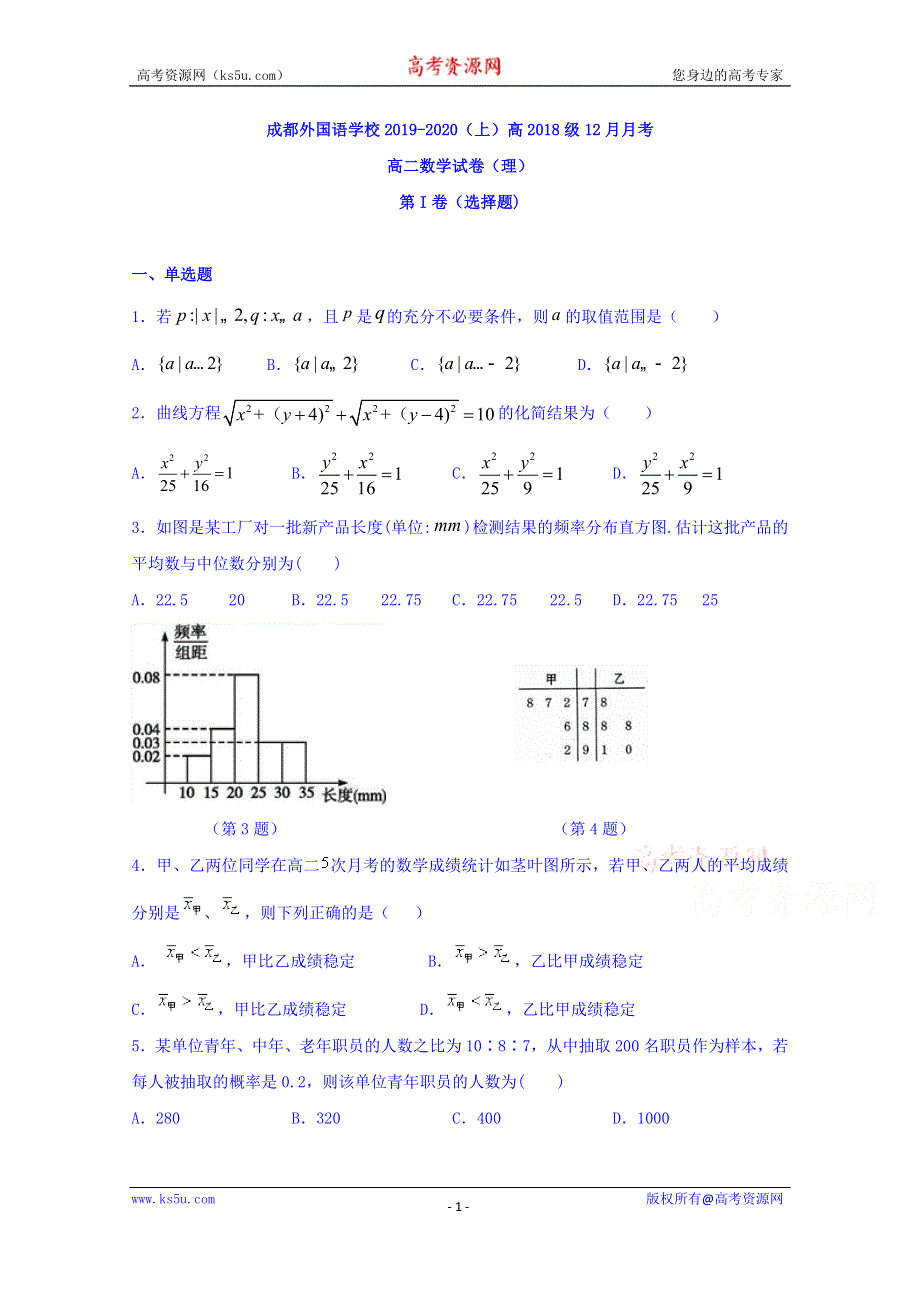 《发布》四川省成都外国语学校2019-2020学年高二12月月考数学（理）试题 WORD版含答案.doc_第1页