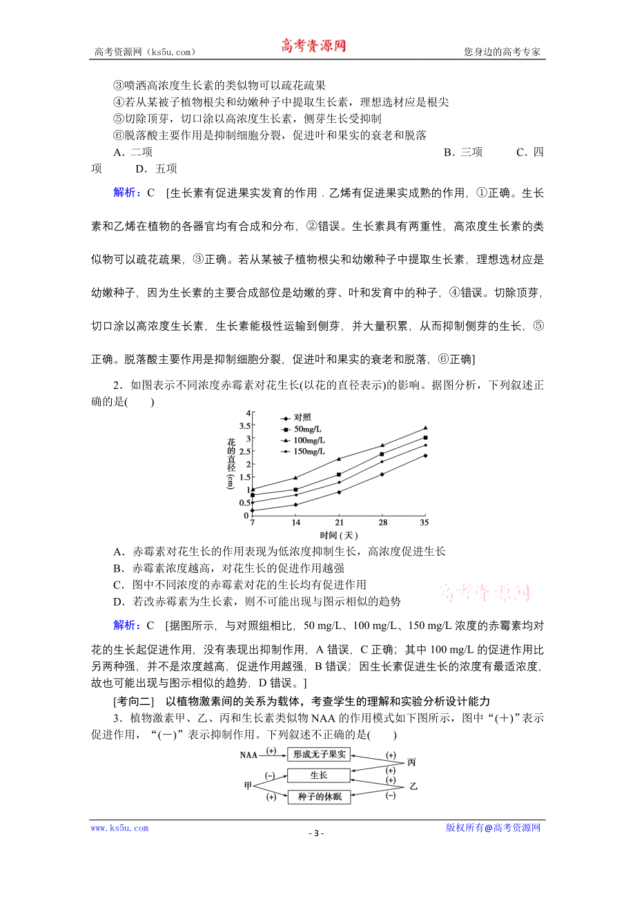 2020届高考艺考生物复习教师用书：专题七第11讲 高频命题点2　其他植物激素的作用 WORD版含解析.doc_第3页