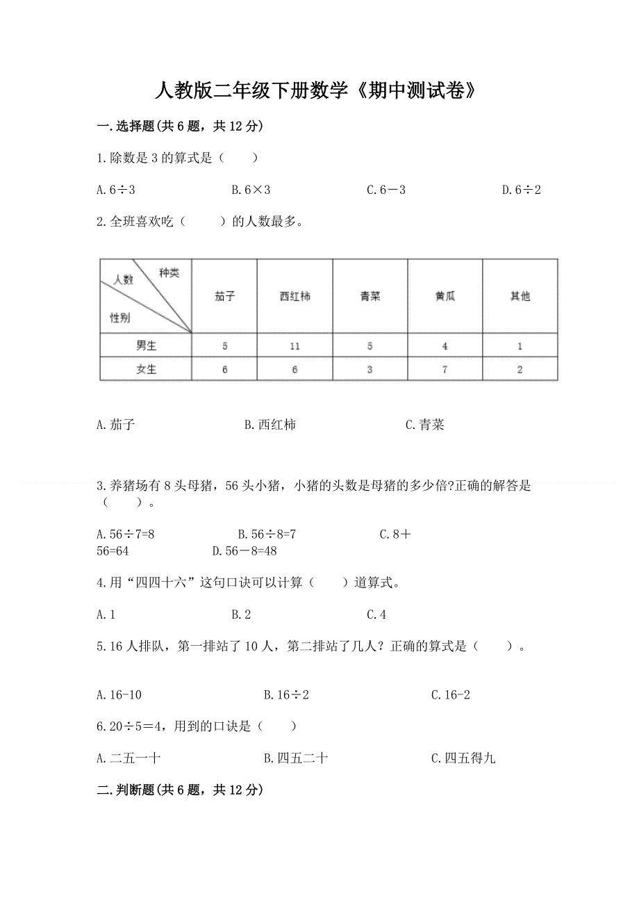 人教版二年级下册数学《期中测试卷》含答案（模拟题）.docx_第1页