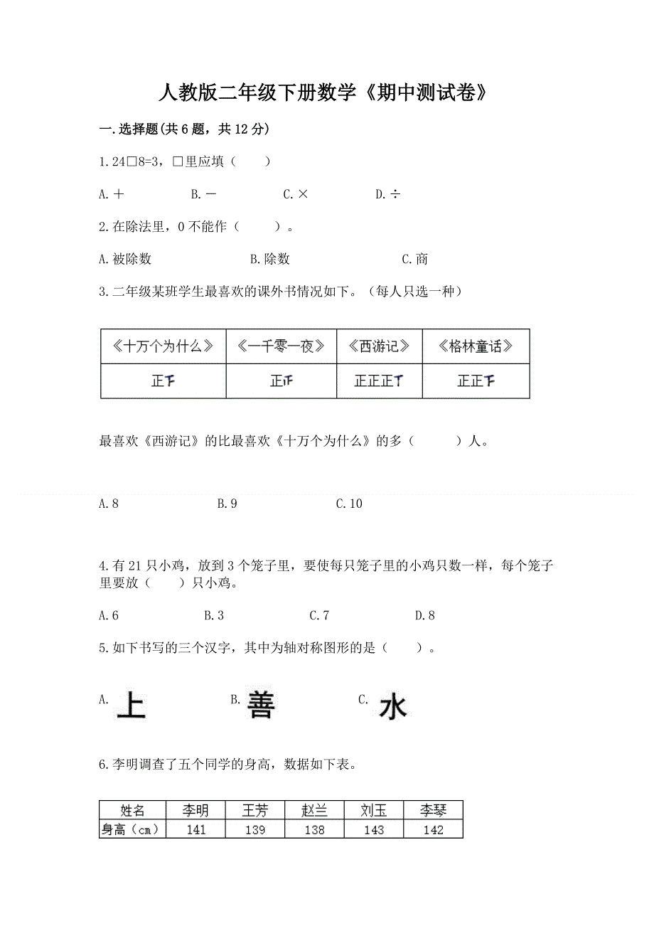 人教版二年级下册数学《期中测试卷》精品【历年真题】.docx_第1页