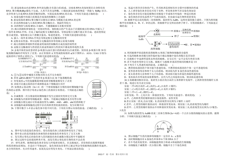 《发布》四川省成都市树德中学2021-2022学年高一下学期期末考试 生物 PDF版含答案（可编辑）.pdf_第3页