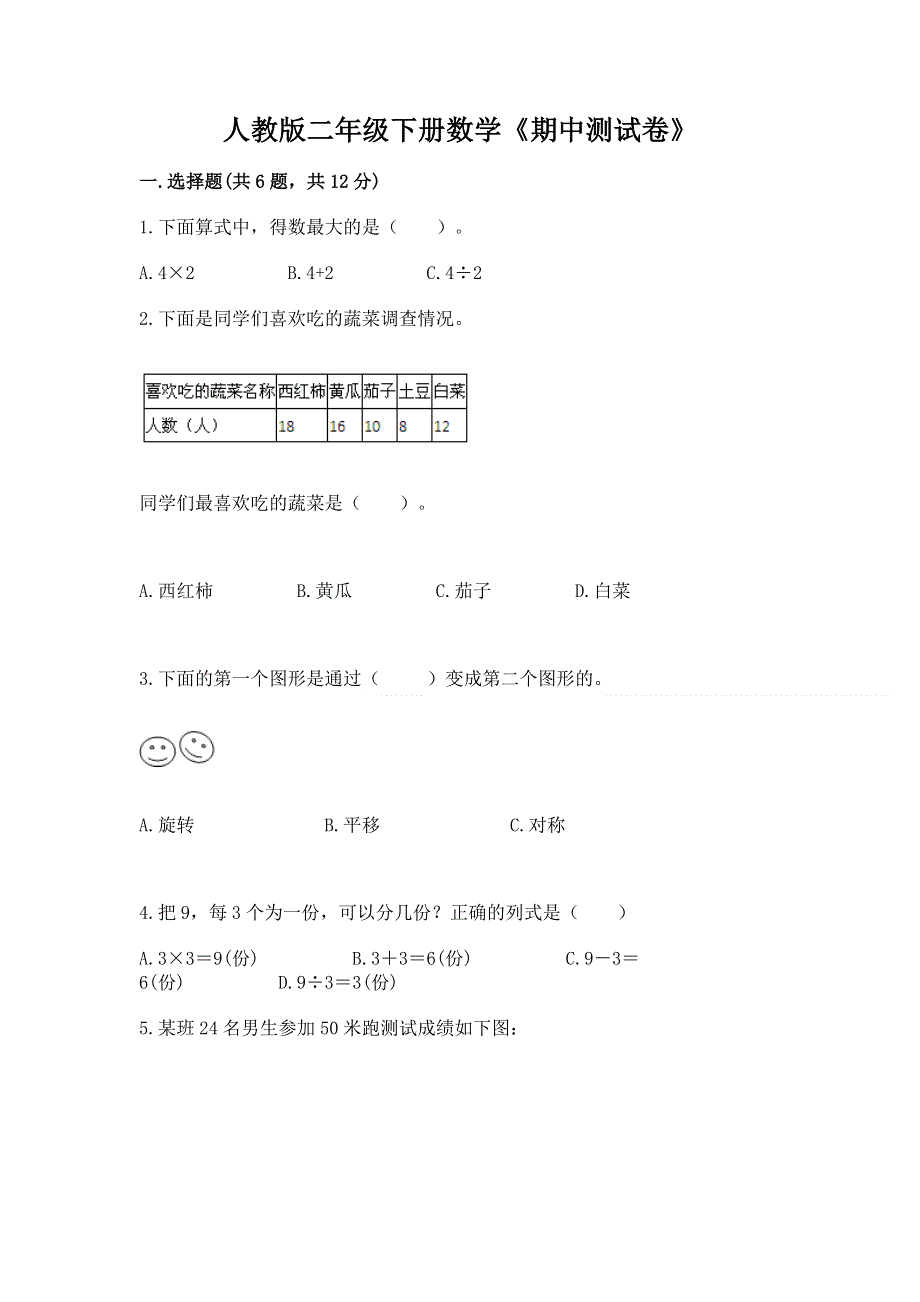 人教版二年级下册数学《期中测试卷》精品（巩固）.docx_第1页