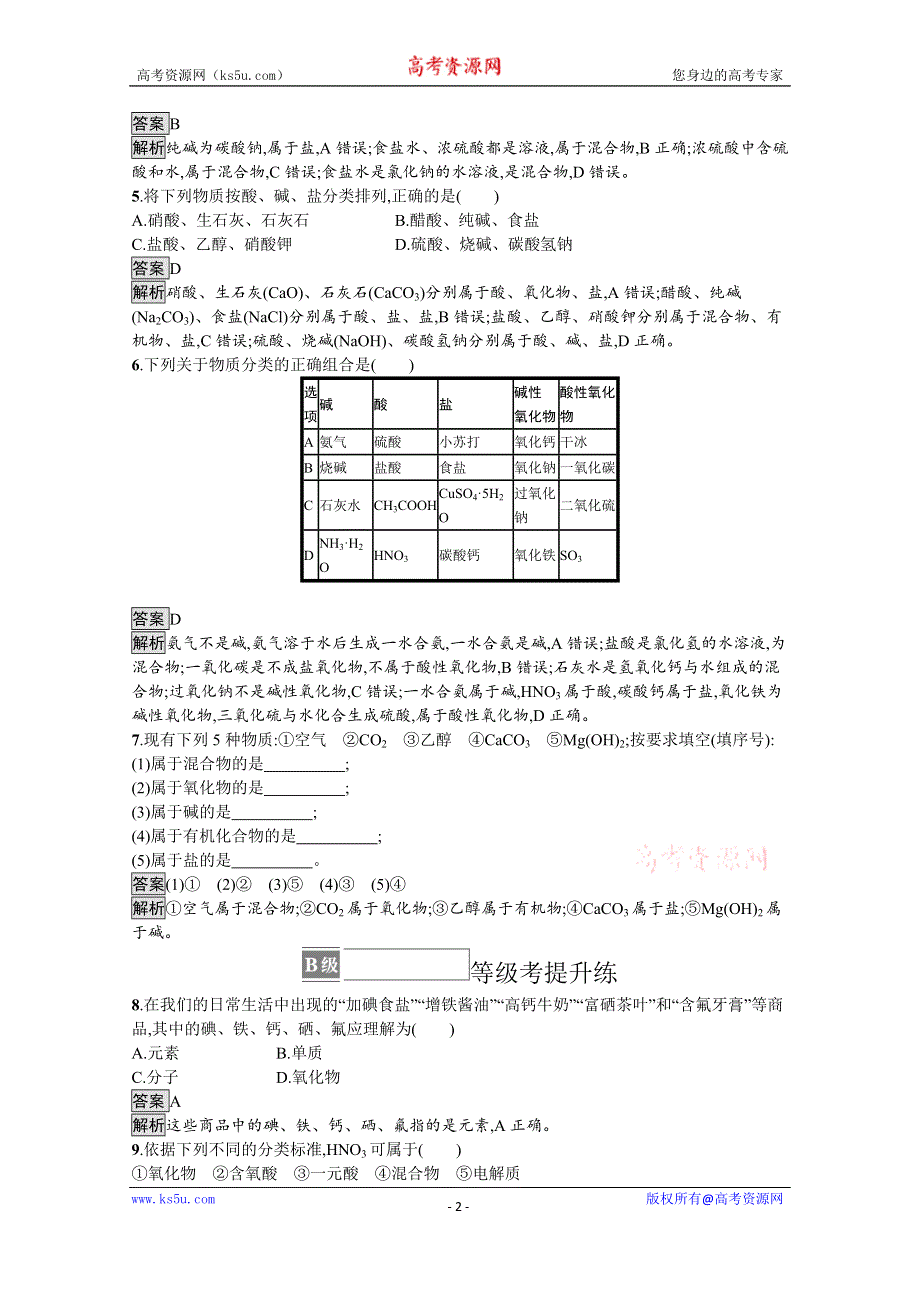 《新教材》2021-2022学年苏教版化学必修第一册测评：专题1　第一单元　第1课时　物质的分类 WORD版含解析.docx_第2页