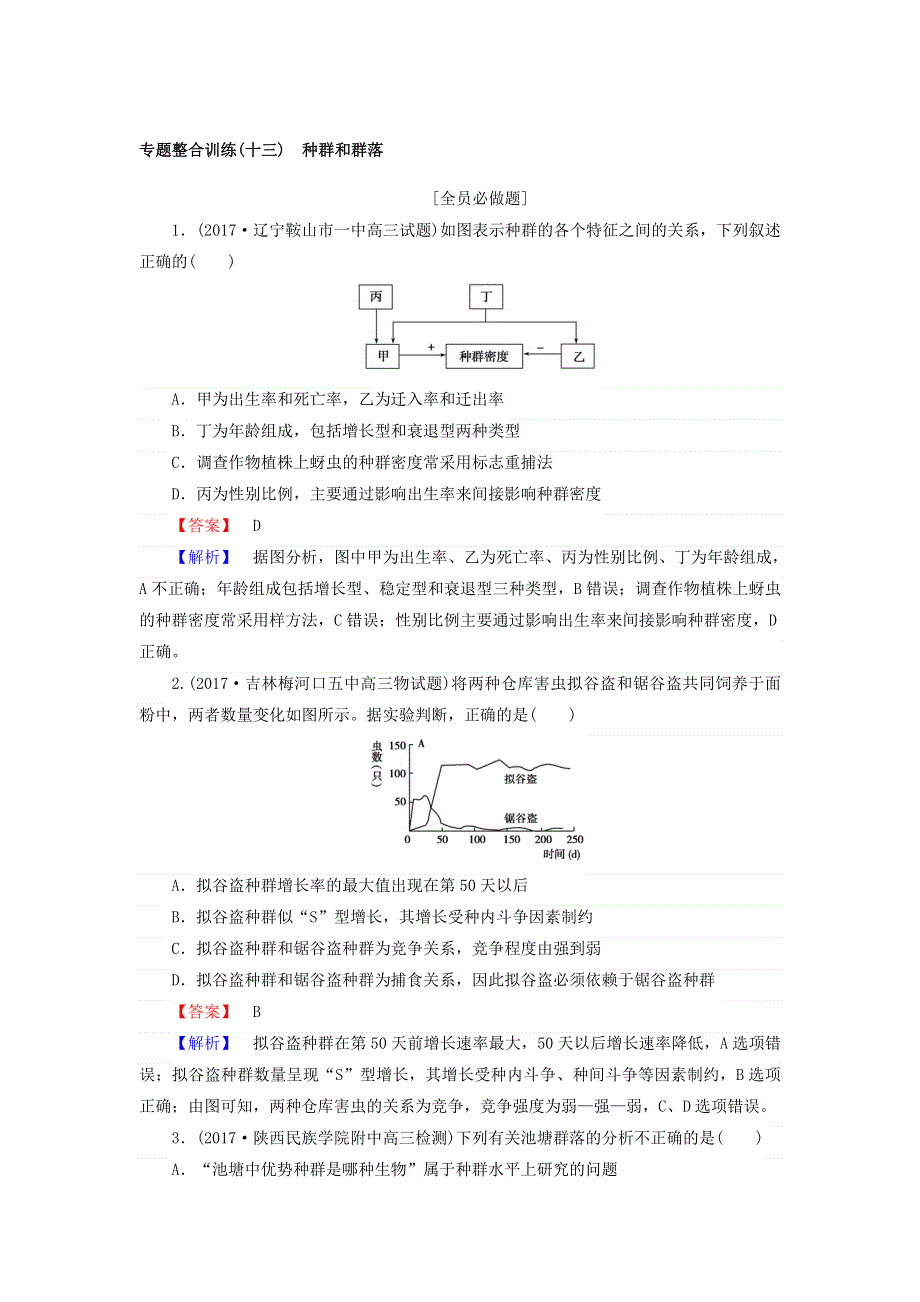 2018年高考生物二轮专题总复习：专题整合训练（十三）　种群和群落 WORD版含答案.doc_第1页