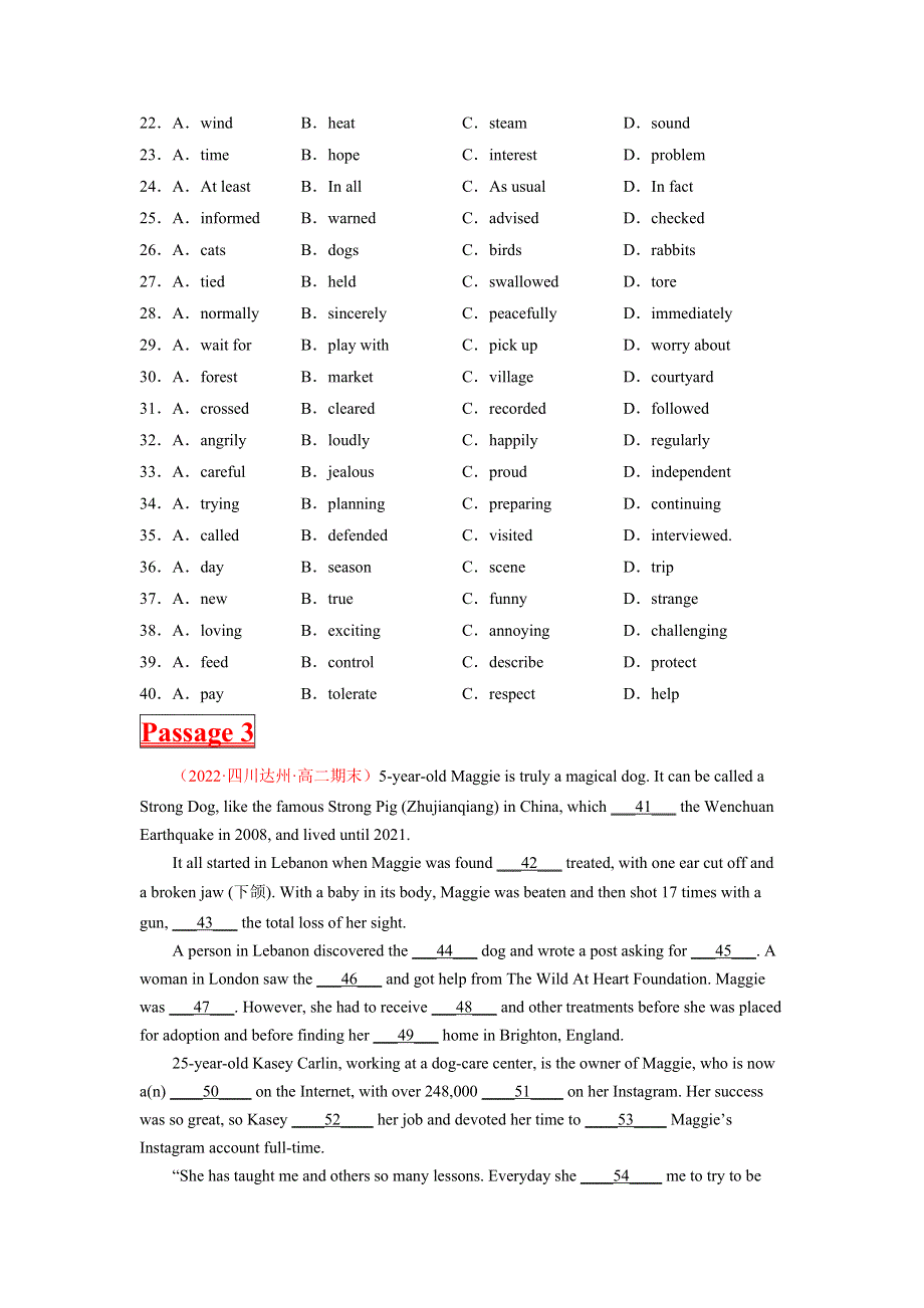 全国卷 高二英语下学期期末考试分类汇编——完形填空之人与自然.docx_第3页