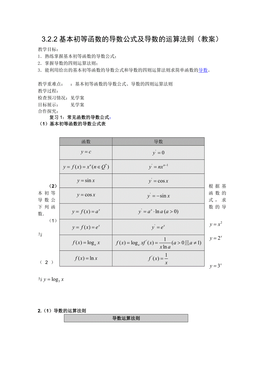 山东省临清市高中数学全套教案选修1-1：3.2.2 基本初等函数的导数公式.doc_第1页