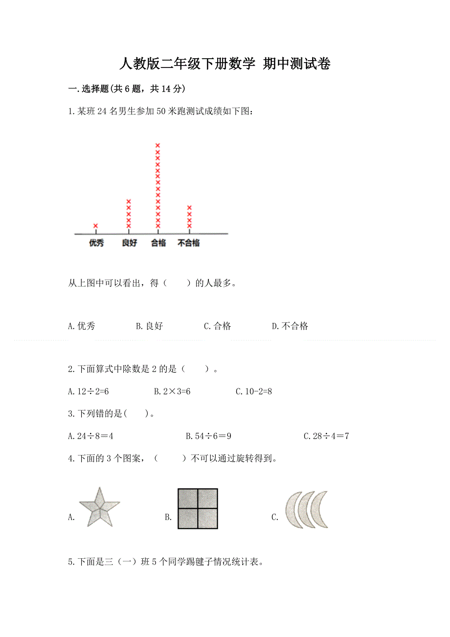 人教版二年级下册数学 期中测试卷及参考答案（最新）.docx_第1页