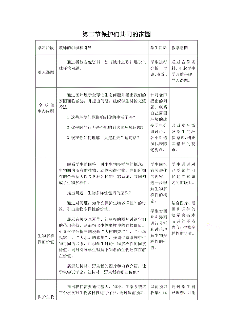 《教材分析与导入设计》2015高二生物（人教）必修3新课教学过程（2）第6章 第2节 保护我们共同的家园.doc_第1页