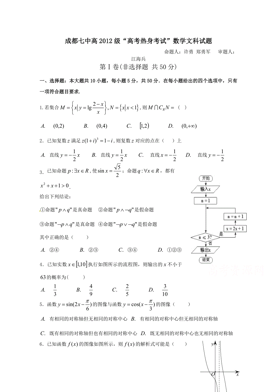 四川省成都市第七中学2015届高三“高考热身考试”数学（文）试题（学生版）.doc_第1页