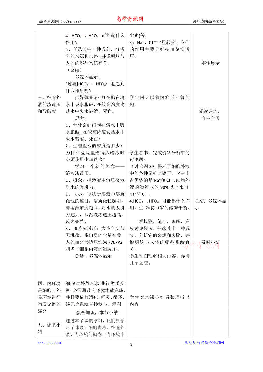 《教材分析与导入设计》2015高二生物（人教）必修3新课教学过程（2）第1章 第1节 细胞生活的环境.doc_第3页