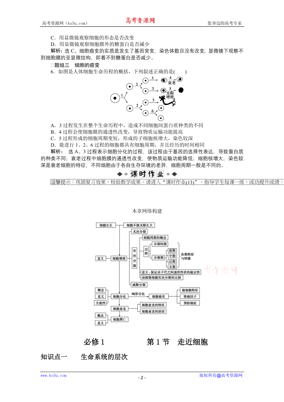 2012优化方案高三生物一轮复习即时达标训练：必修1第6章第2、3、4节细胞的分化、衰老、凋亡和癌变.doc_第2页