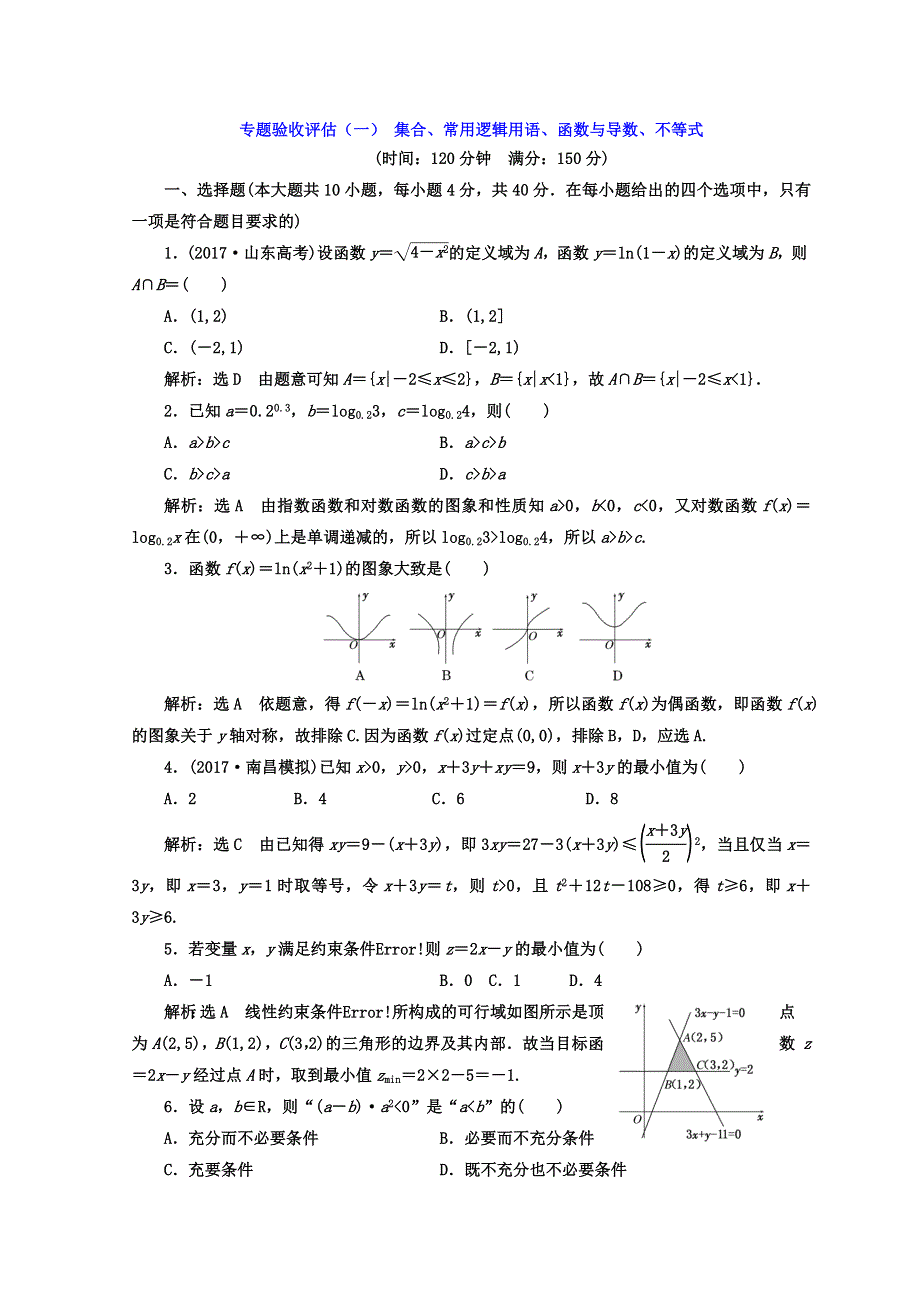 2018年高考数学浙江专版三维二轮专题复习 专题验收评估（一） 集合、常用逻辑用语、函数与导数、不等式 WORD版含答案.doc_第1页