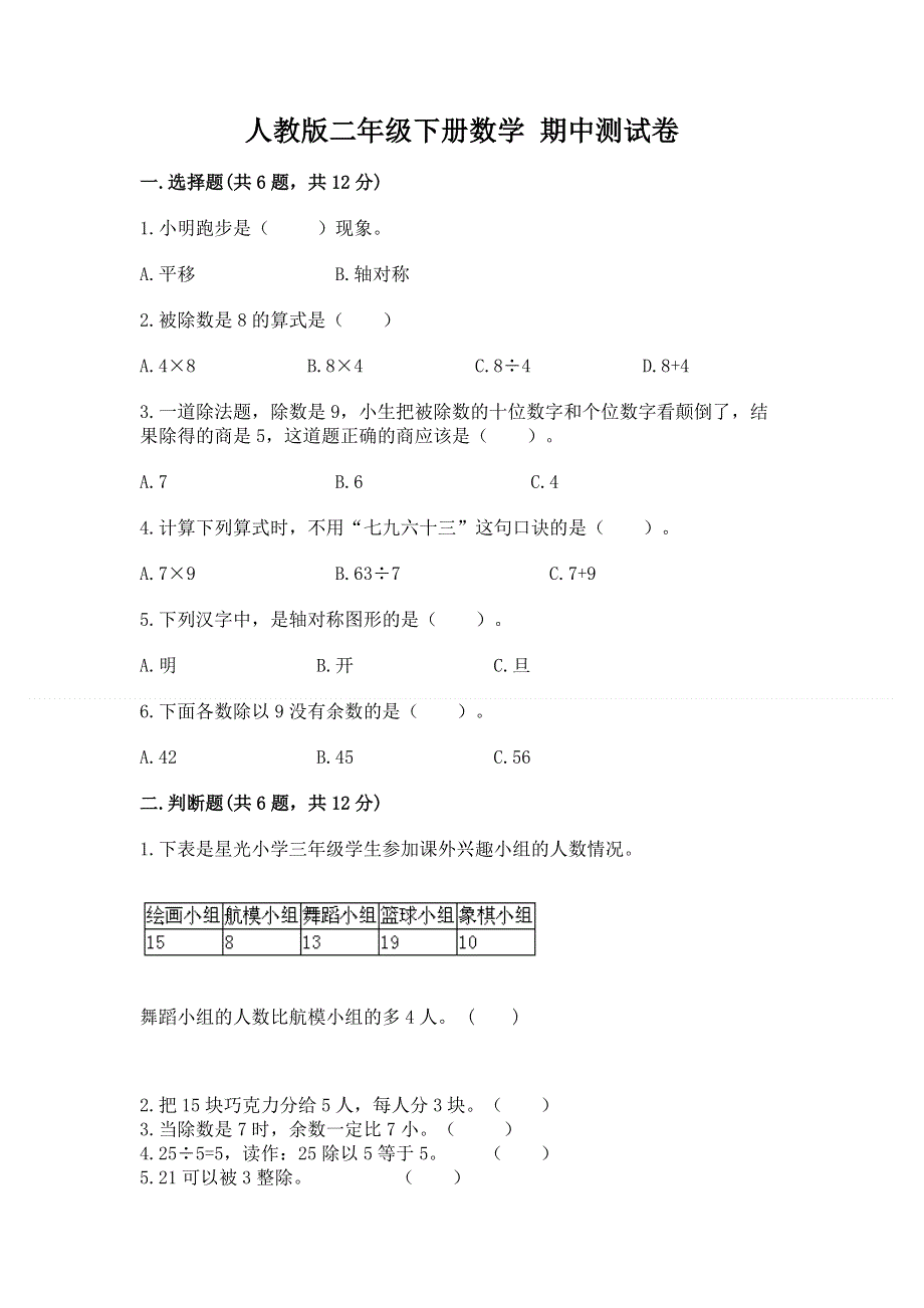 人教版二年级下册数学 期中测试卷附答案（预热题）.docx_第1页