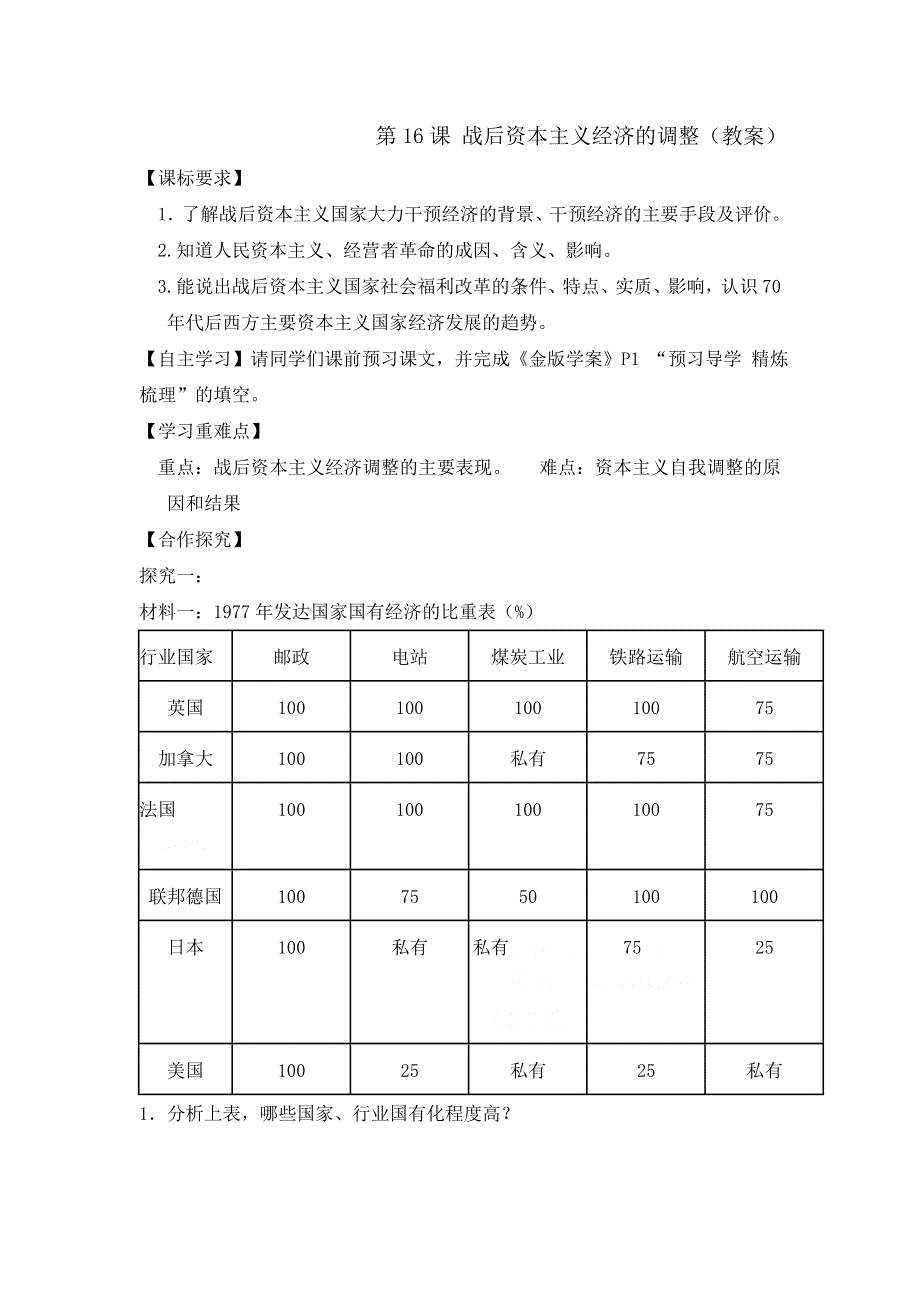 岳麓版高中历史必修2第3单元第16课 战后资本主义经济的调整（教案2） .doc_第1页