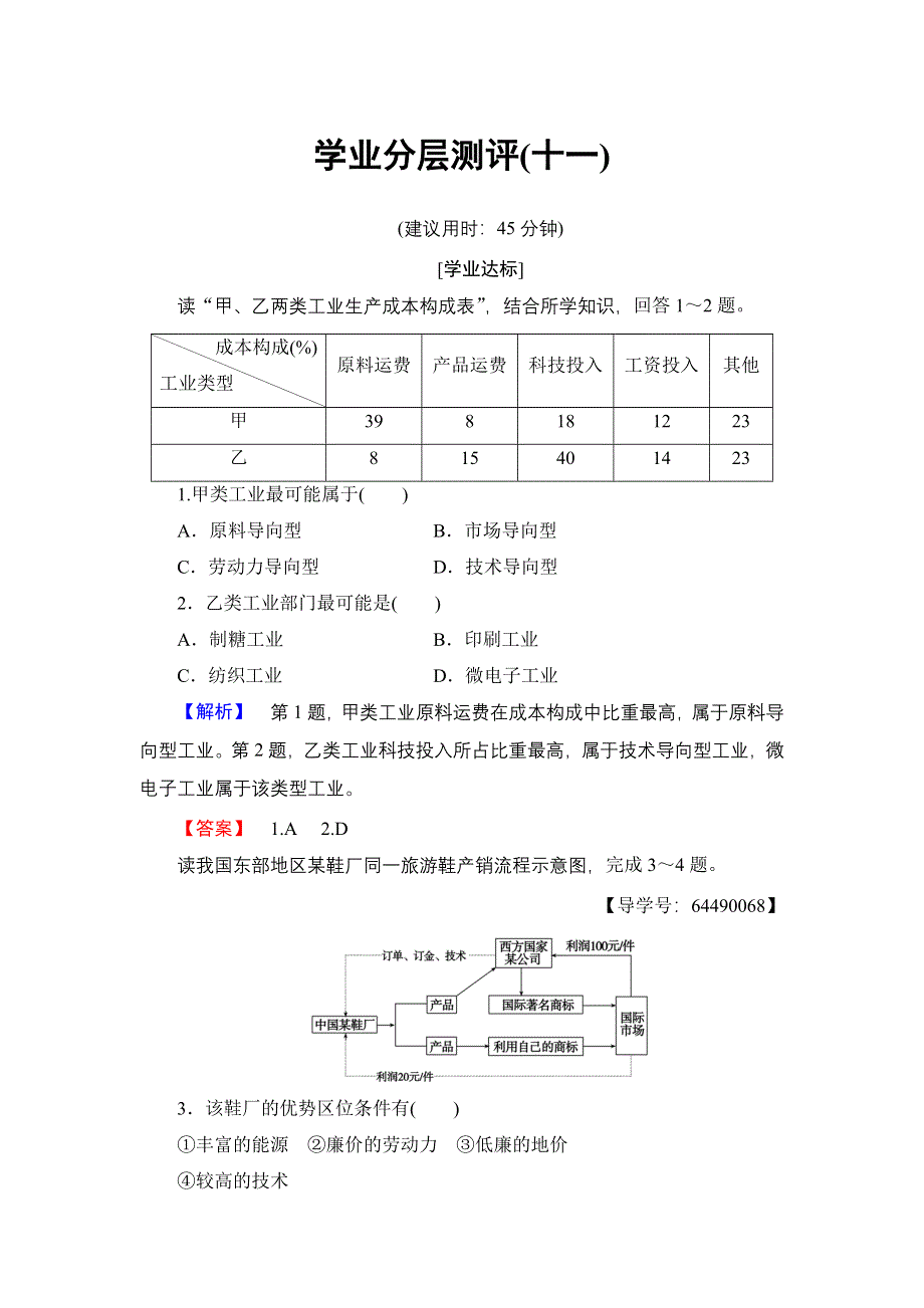 2016-2017学年高中地理湘教版必修2学业分层测评11 工业区位因素与工业地域联系 WORD版含解析.doc_第1页