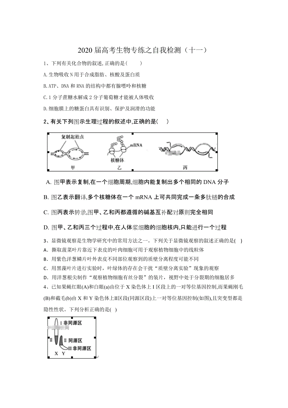 2020届高考生物专练之自我检测（十一） WORD版含答案.doc_第1页