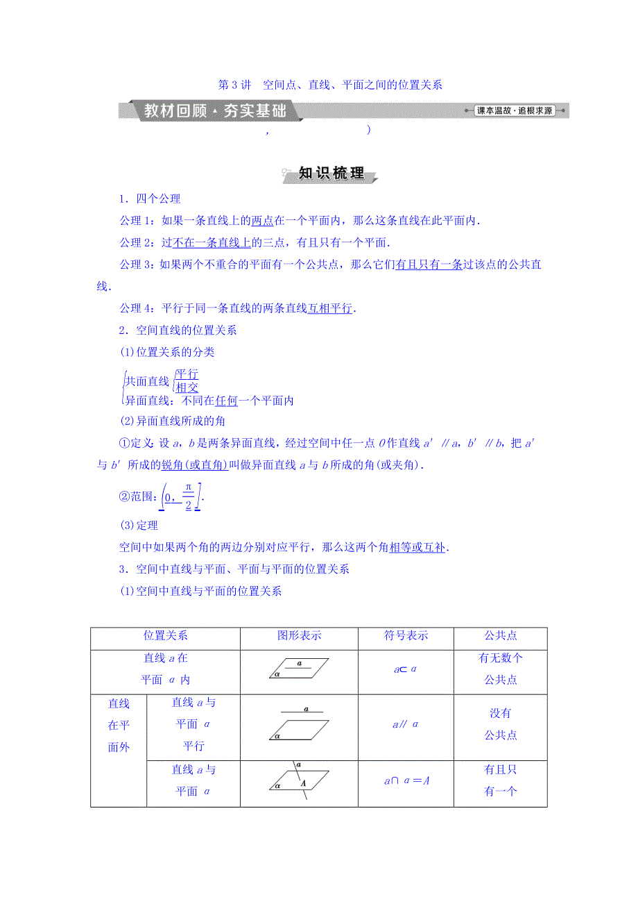 2018年高考数学（文）一轮复习文档：第七章　立体几何初步 第3讲空间点、直线、平面之间的位置关系 WORD版含答案.doc_第1页